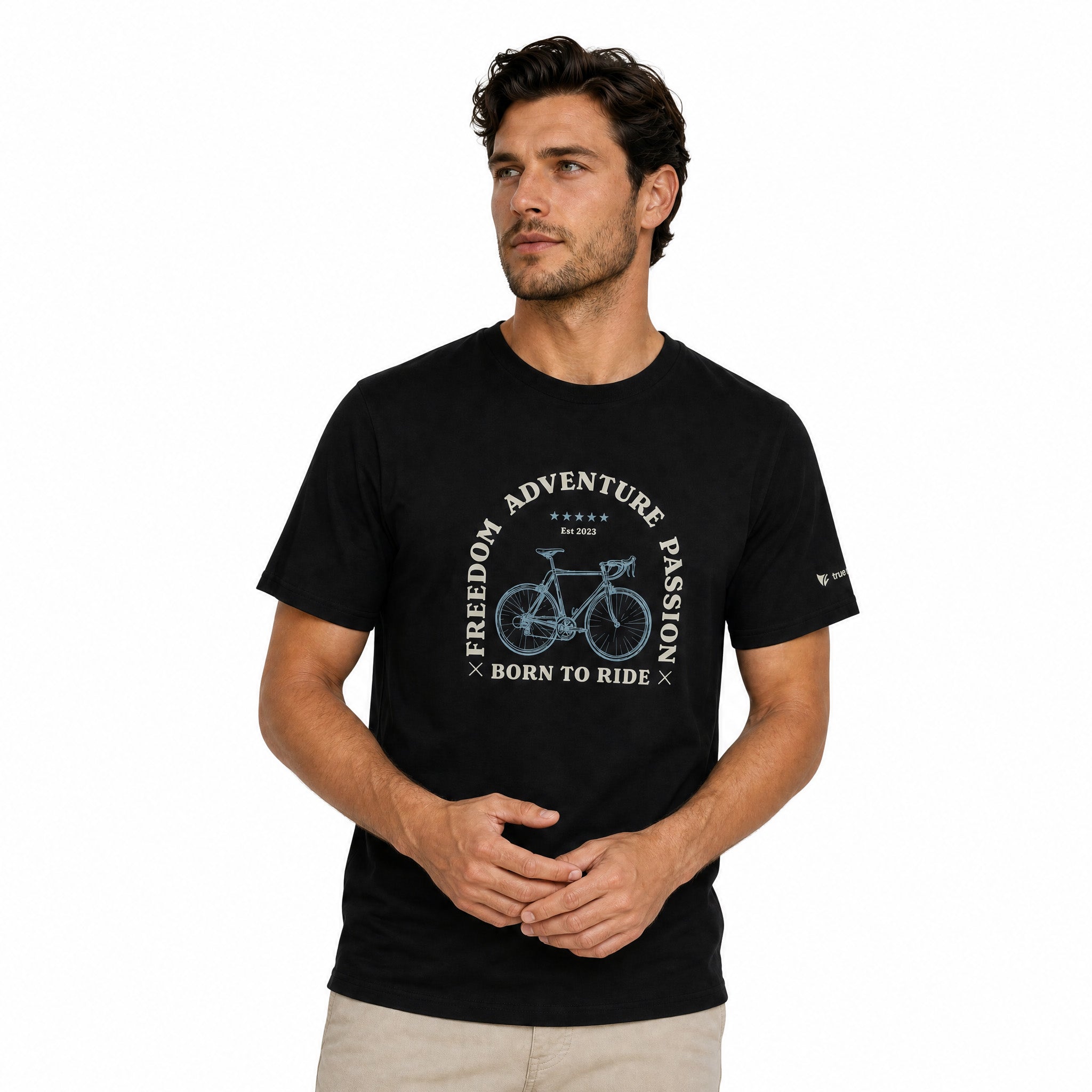 Man wearing a black t-shirt with a bicycle graphic and text on a white background