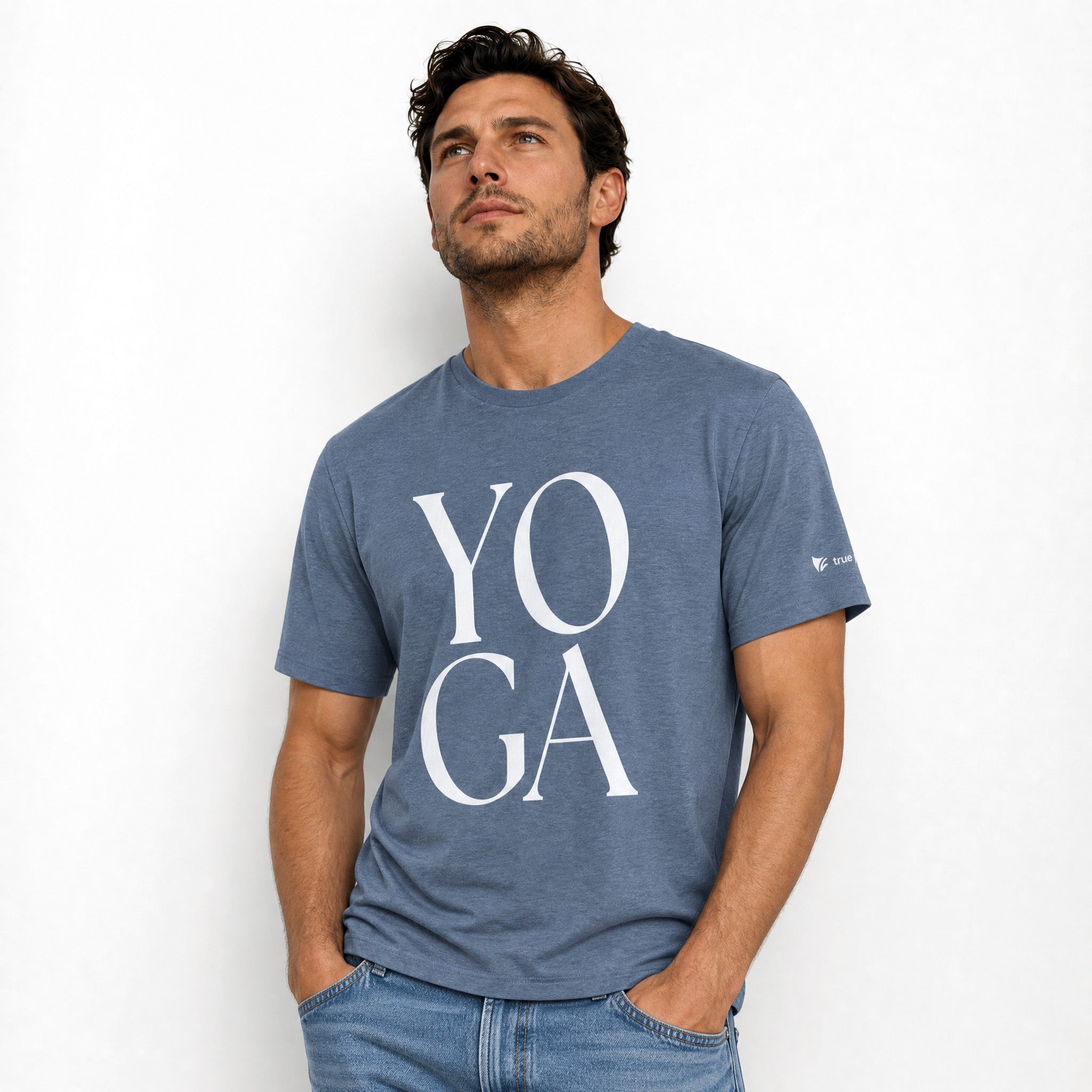 Man wearing a blue t-shirt with 'YOGA' printed on it against a white background