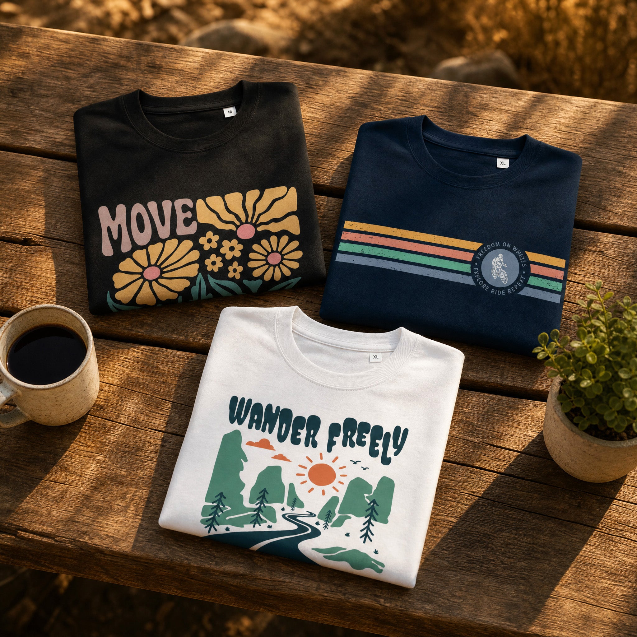 Three t-shirts with different designs on a wooden surface with a cup of coffee and plant.