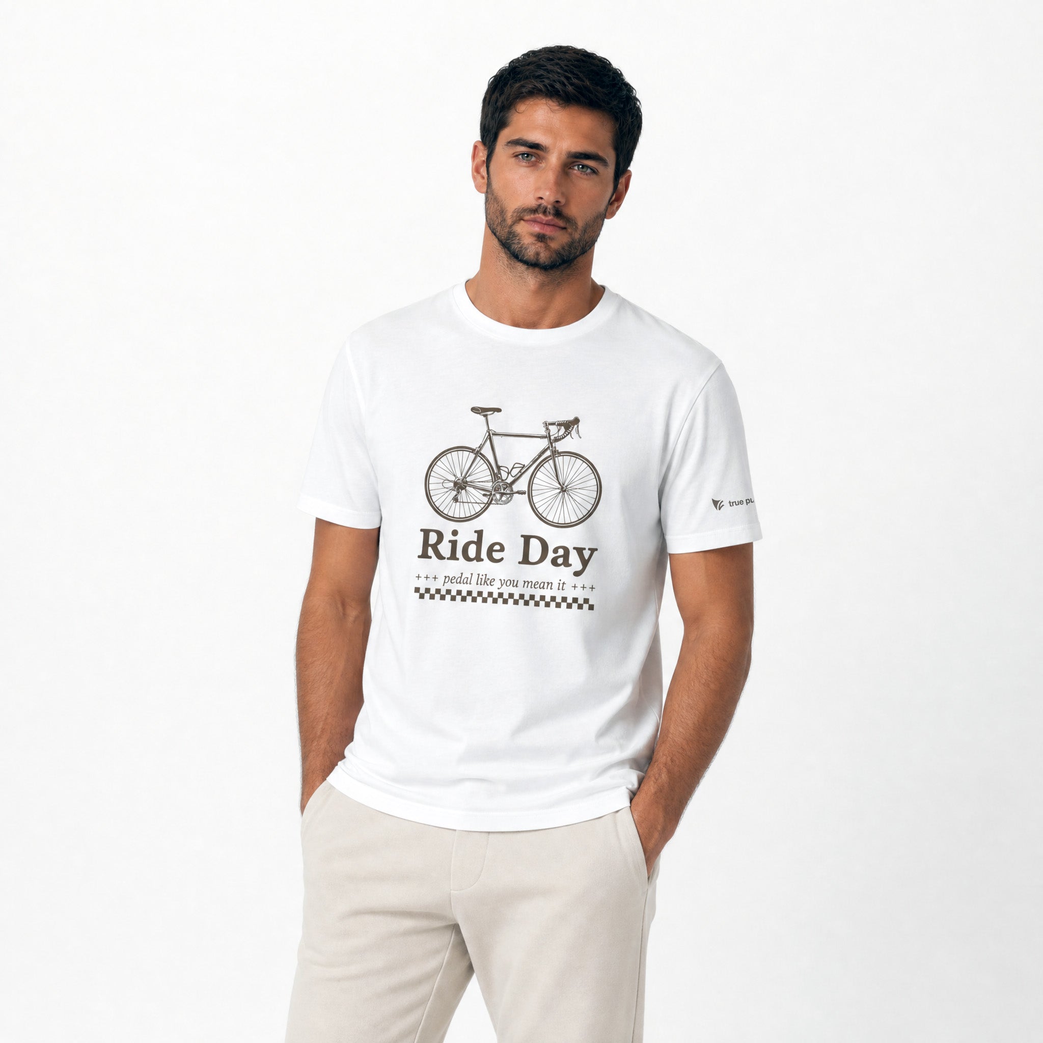 Man wearing a white t-shirt with a bicycle graphic and 'Ride Day' text on a white background
