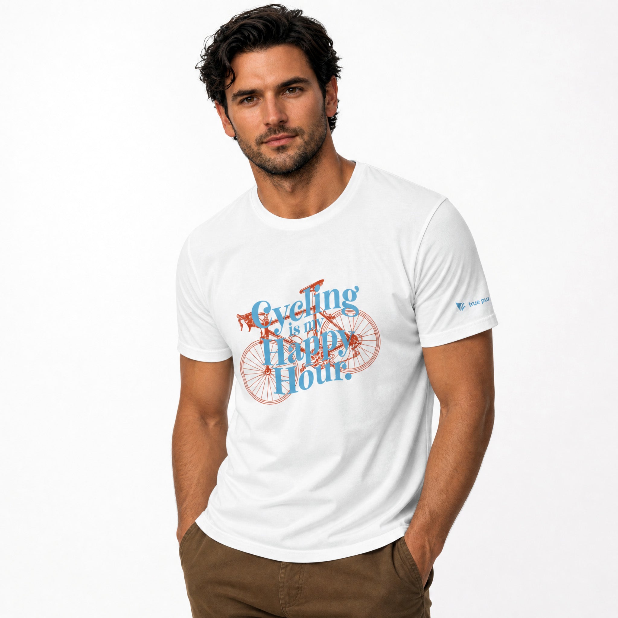 Man wearing a white t-shirt with a bicycle graphic and text on a white background