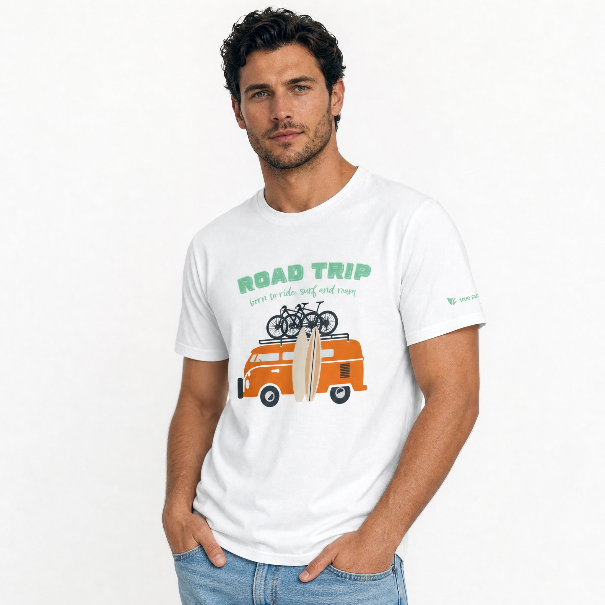 Man wearing a graphics t-shirt against a plain white background.