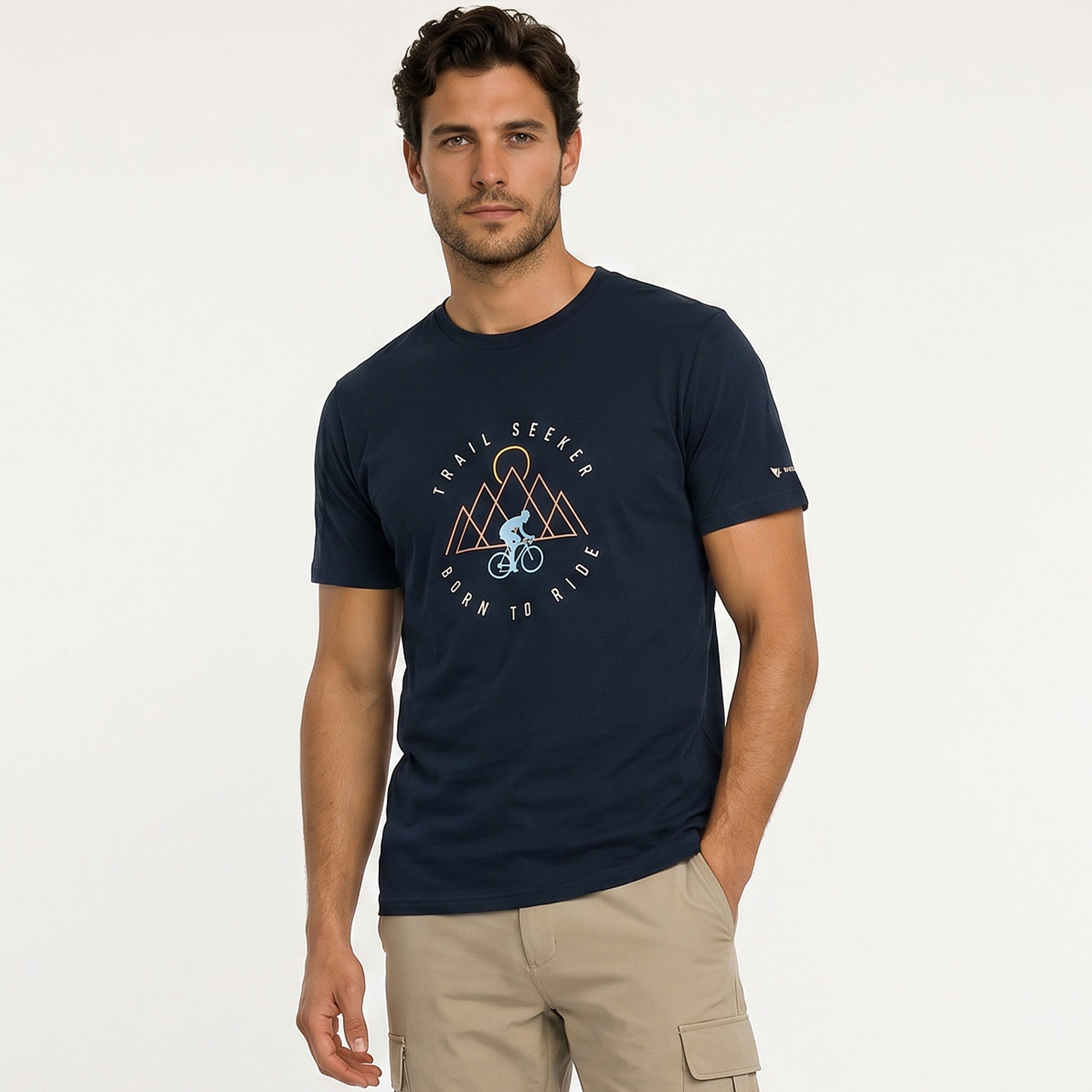 Man wearing a navy blue t-shirt with a graphic design on a white background
