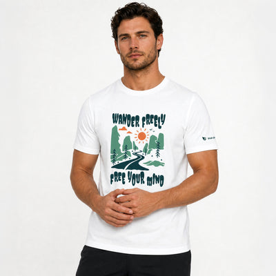 Man wearing a white t-shirt with nature-themed design and text on a light gray background