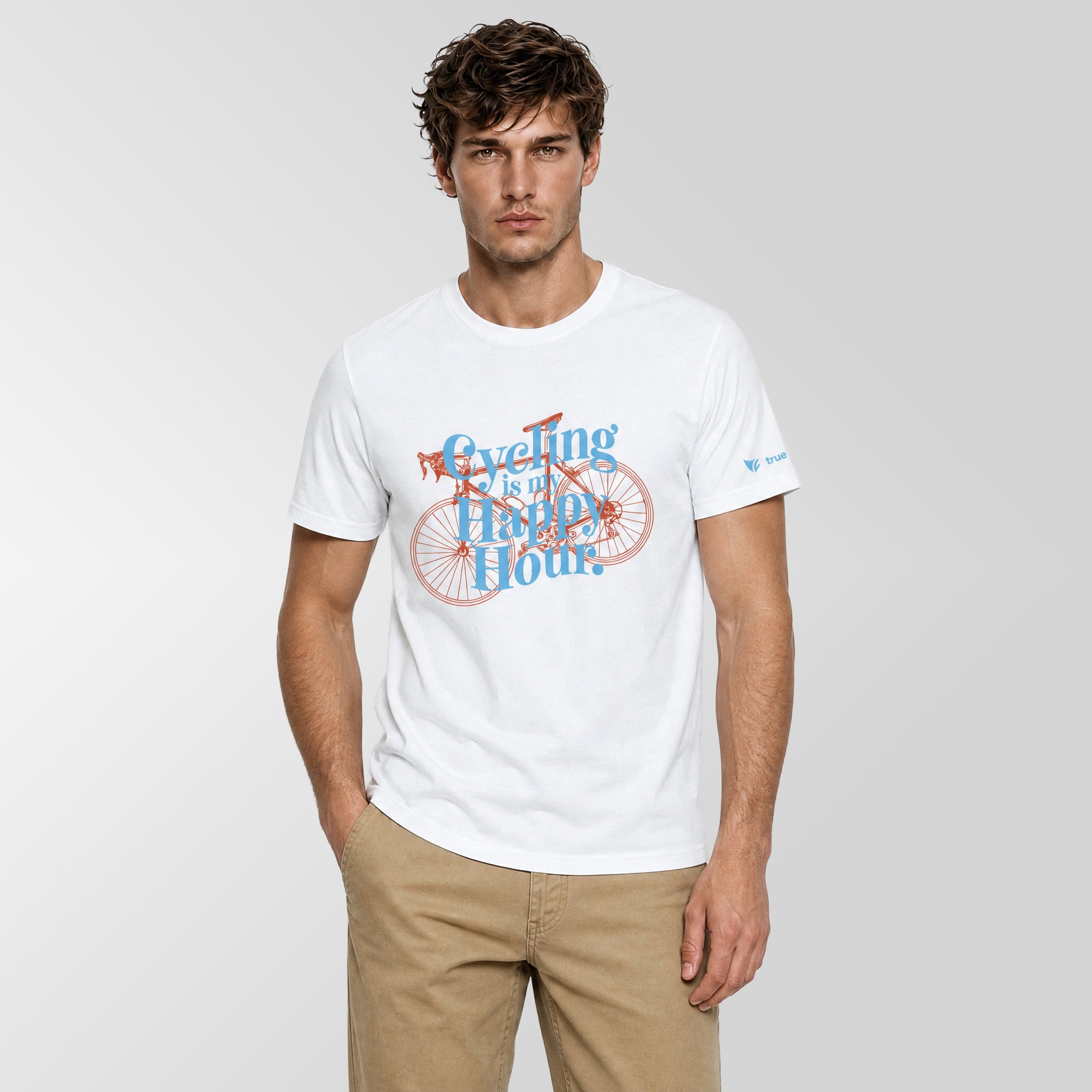 A man wearing a white crew-neck t-shirt with a blue and orange bicycle graphic that reads 'Cycling is my Happy Hour'.