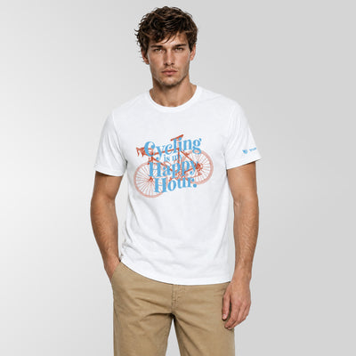 A man wearing a white crew-neck t-shirt with a blue and orange bicycle graphic that reads 'Cycling is my Happy Hour'.