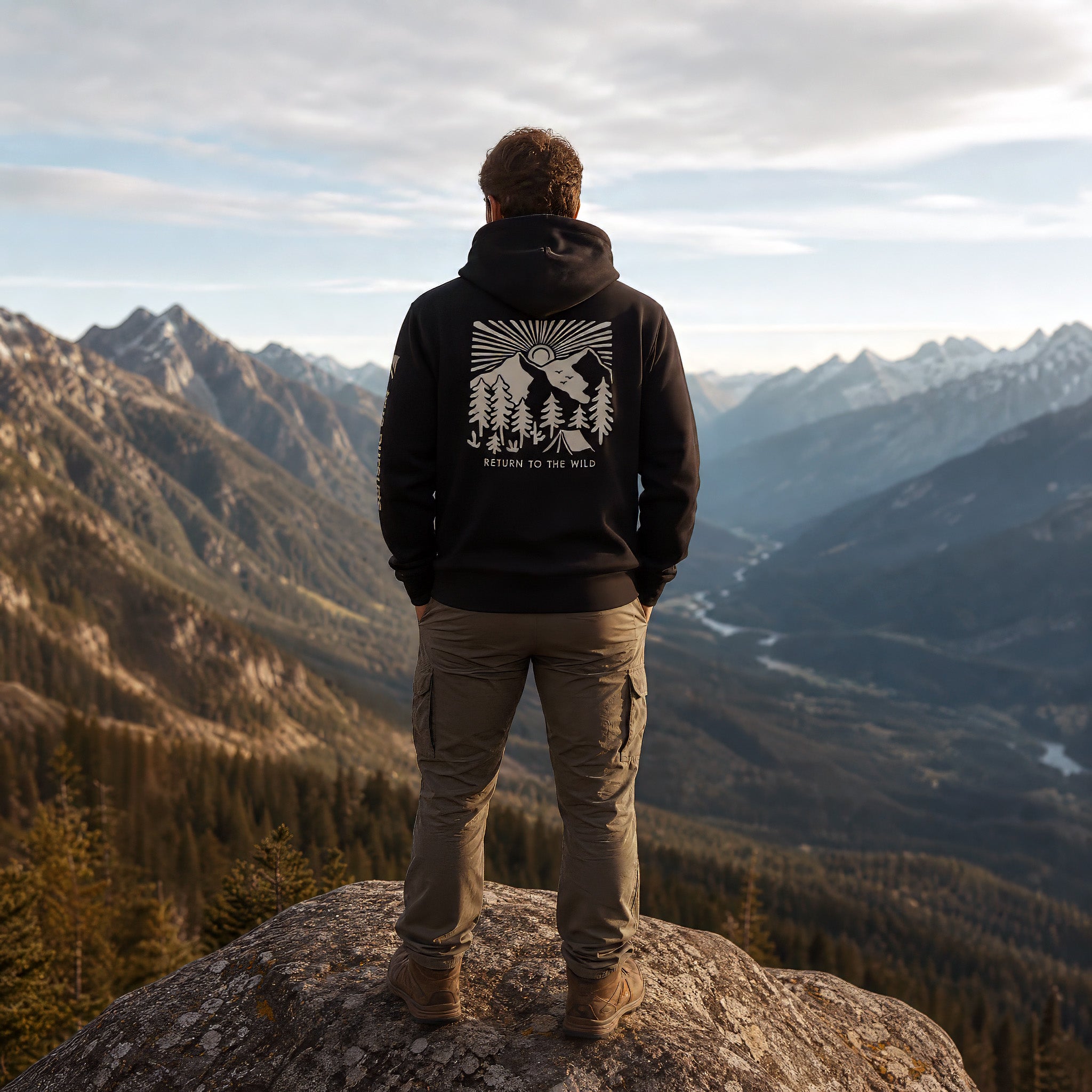 Person wearing a hoodie with a nature design, standing on a mountain peak overlooking a valley.