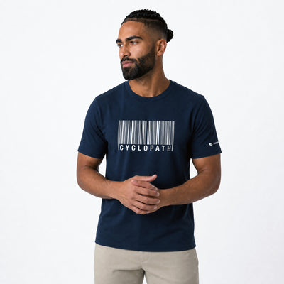 Man wearing a navy blue t-shirt with a barcode design and 'Cyclopath' text on a white background