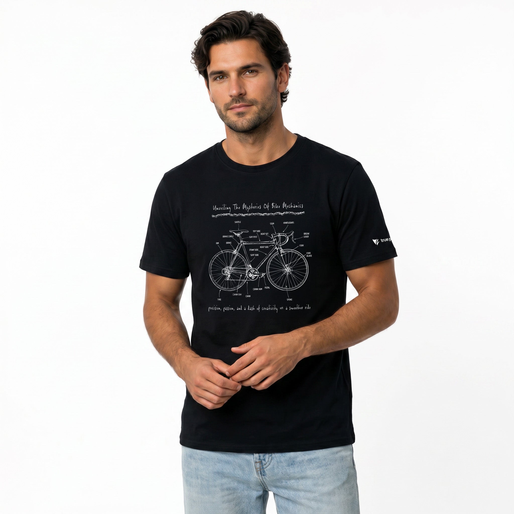 Man wearing a black t-shirt with a bicycle design on a white background