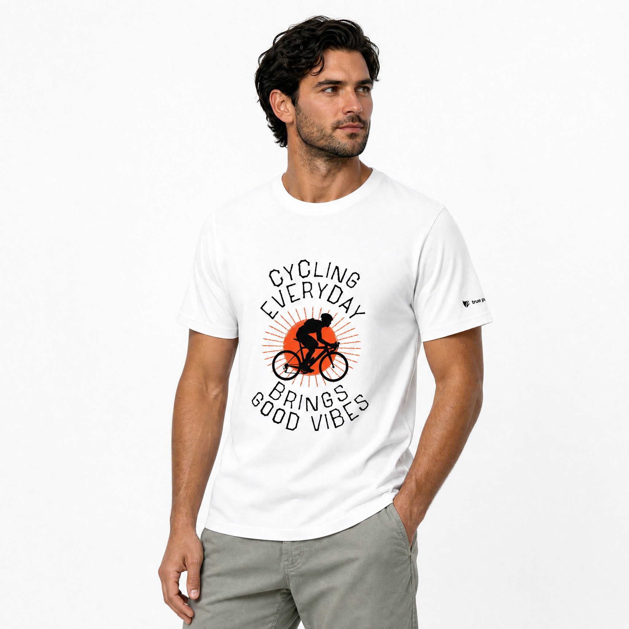 Man wearing a white t-shirt with a cycling graphic and text on a white background