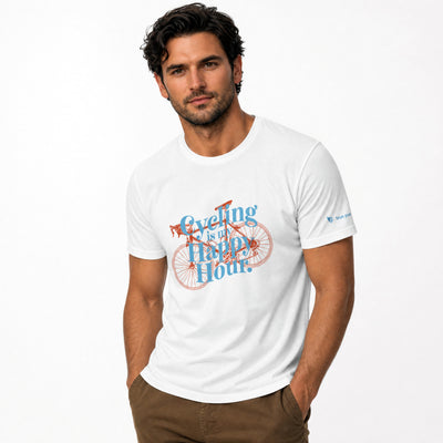 Man wearing a white t-shirt with a bicycle graphic and text on a white background