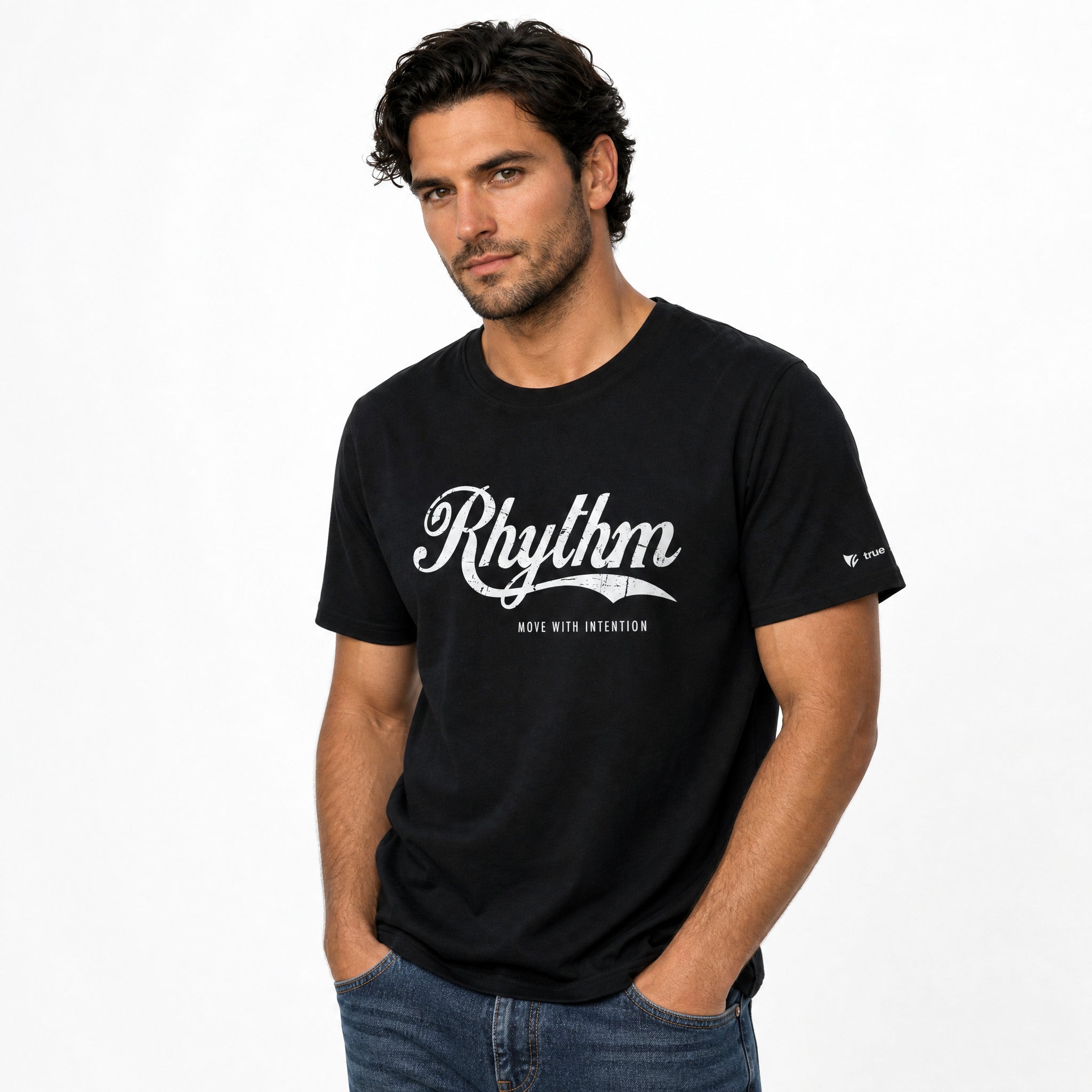 Man wearing a black t-shirt with 'Rhythm' logo on a white background