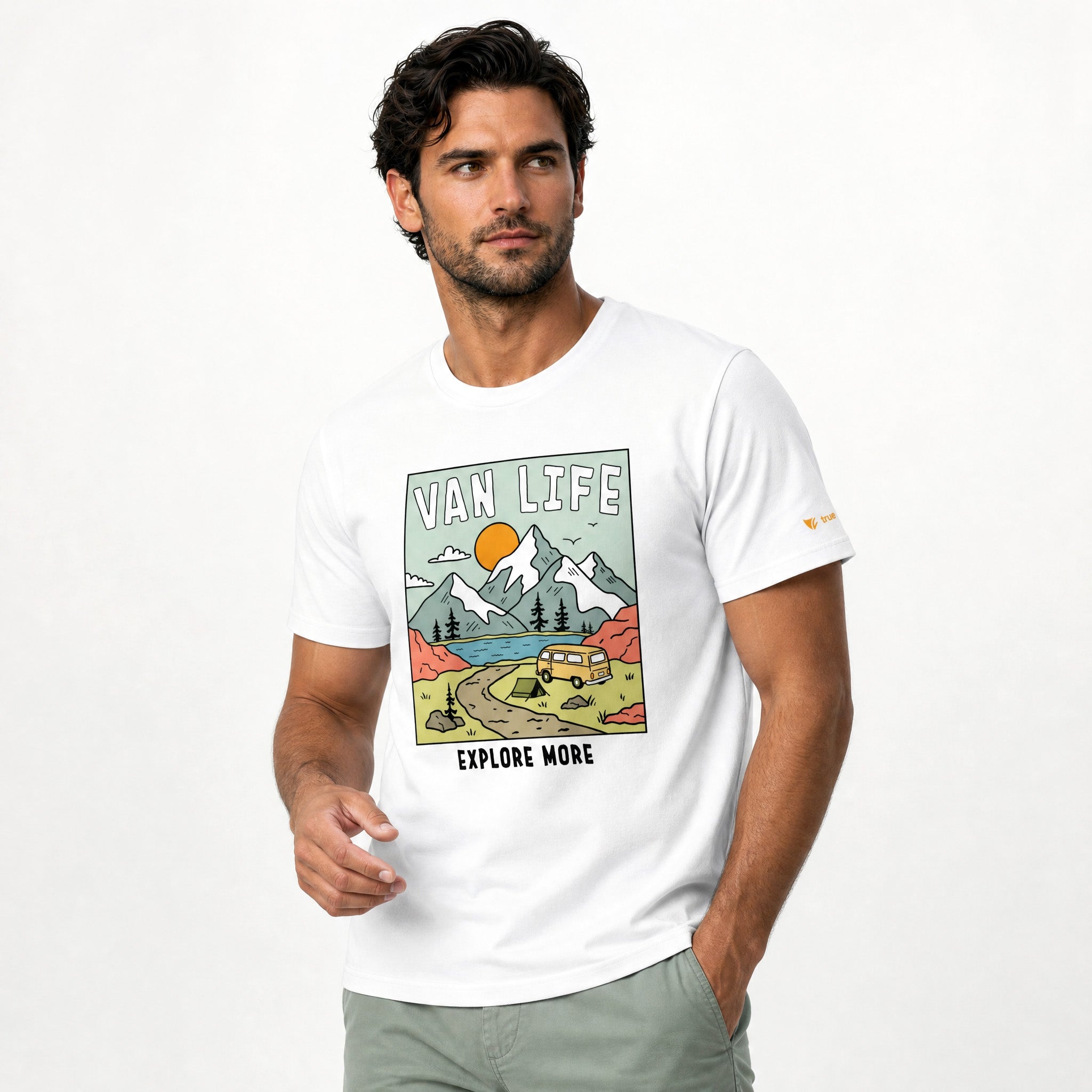 Man wearing a white t-shirt with 'Van Life' graphic design on a plain background
