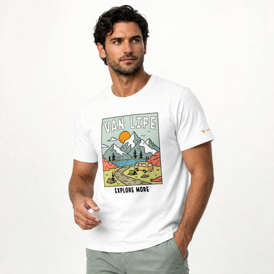Man wearing a white t-shirt with 'Van Life' graphic design on a plain background